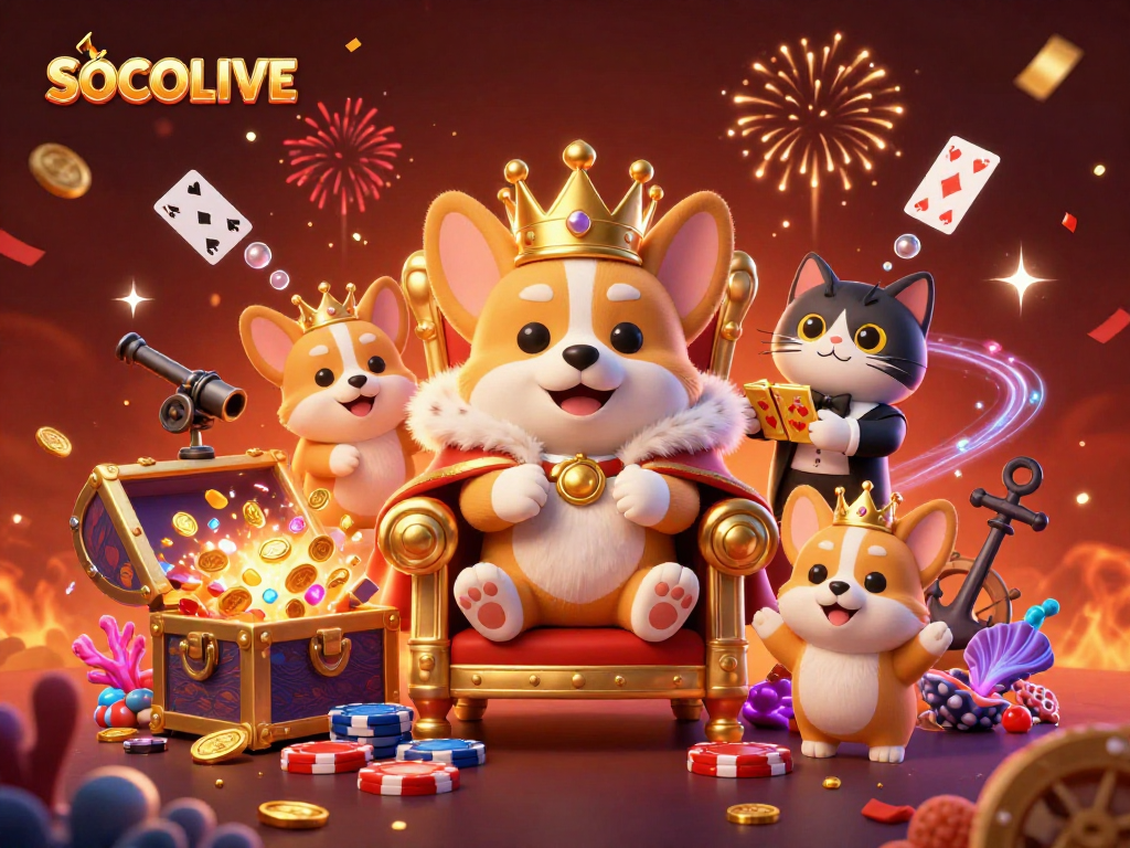 SOCOLIVE showcases a vibrant scene with a royal corgi on a throne of poker chips amidst gold treasures and festive elements.