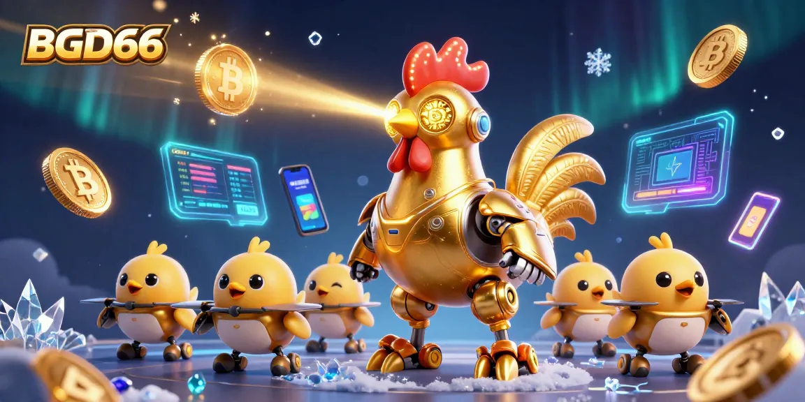 Engage with BGD66's exciting gaming world featuring a futuristic golden rooster robot.