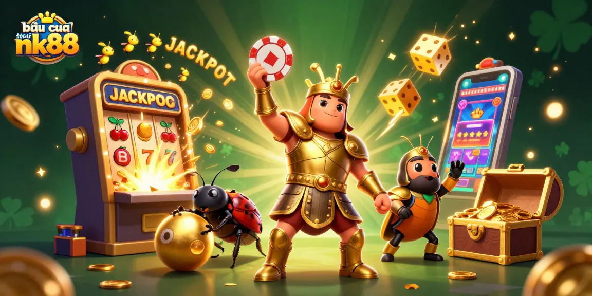 Engage with bầu cua tôm cá nk88 through vibrant visuals featuring a animated beetle and casino symbols.