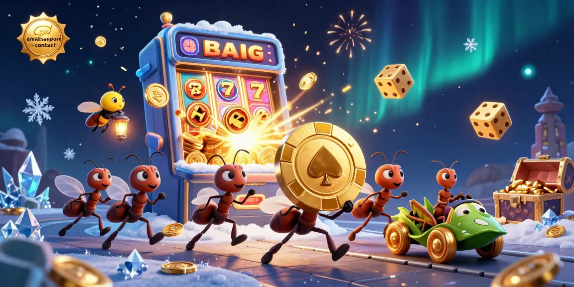 Ants carrying a golden poker chip in a jackpot explosion scene featuring emailsupport-contact.