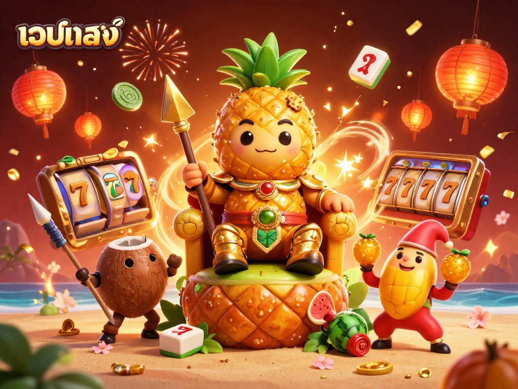 Experience เว็บตรง with vibrant, 3D casino elements featuring a golden pineapple king and joyful character interactions.