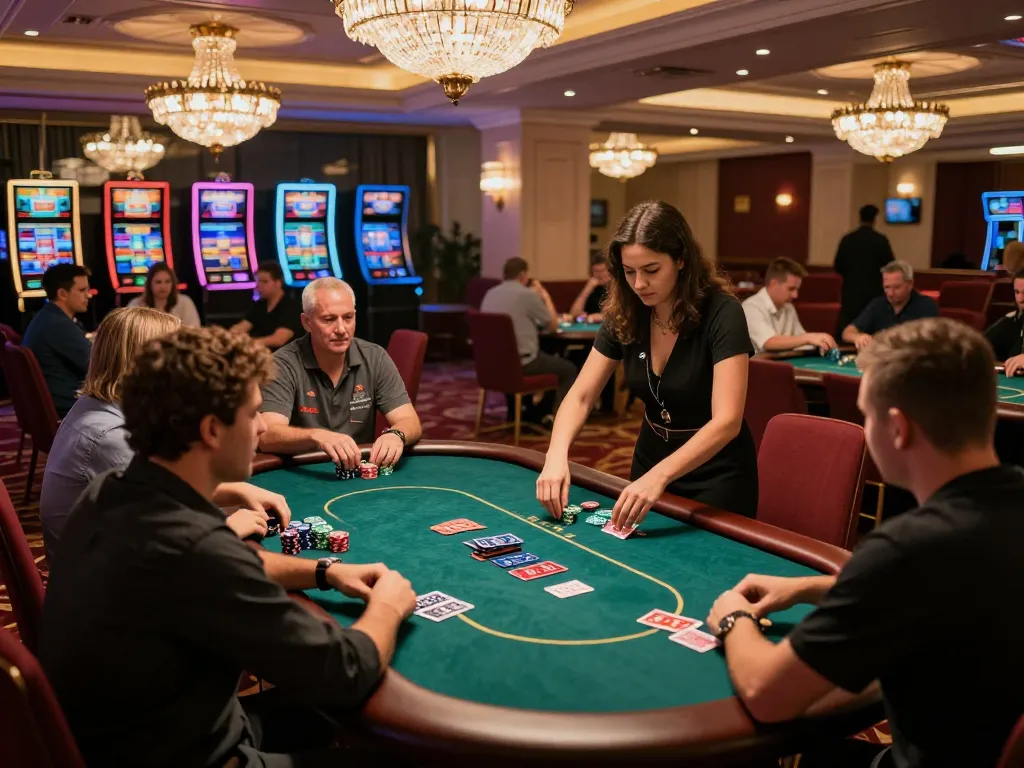 Engaging scene of players in intense game đánh bài đổi thưởng at an upscale casino with vibrant atmosphere.