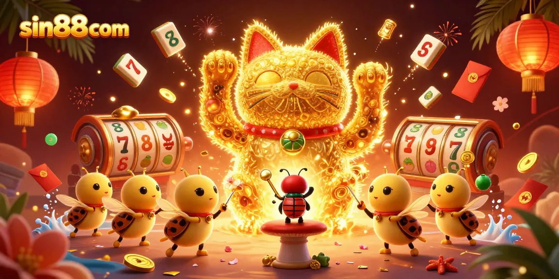 Experience thrilling slots with sin88com's golden lucky cat and vibrant symbols