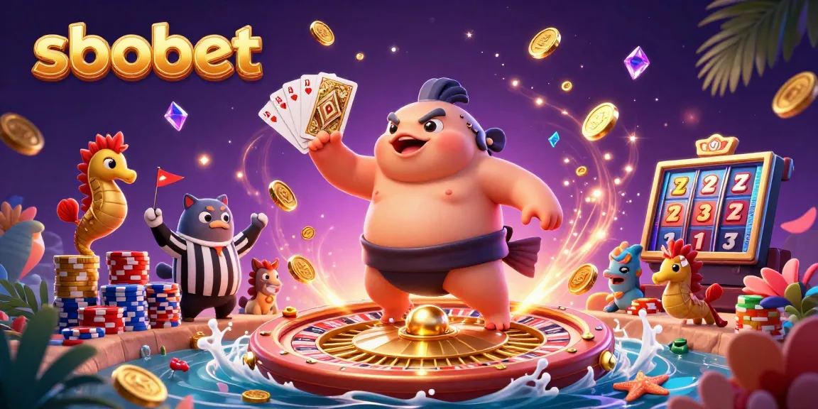 Experience sbobet excitement with a lively underwater casino scene featuring a sumo fugu, a catfish referee, and shimmering game elements.