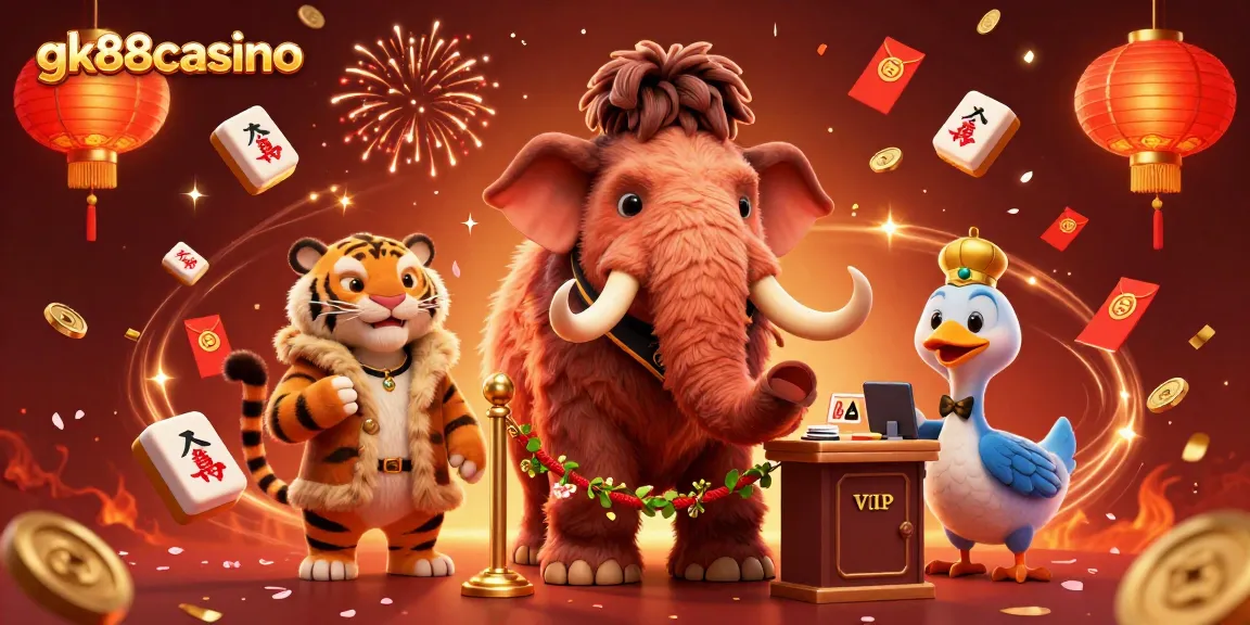 Experience luxury at gk88casino with playful characters in a vibrant casino atmosphere.