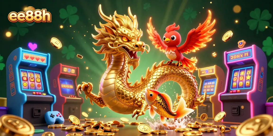 Experience thrilling gaming at ee88h with an exciting scene featuring a golden dragon and lucky koi fish.