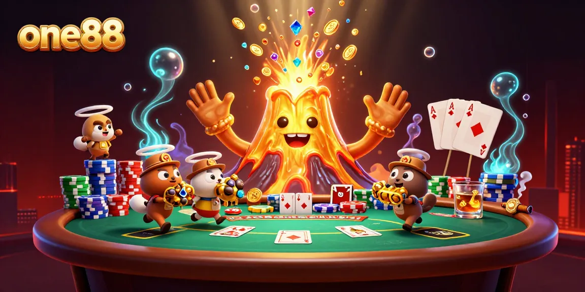 Experience thrilling casino adventures at one88 with lively cartoon characters amidst poker excitement and golden treasures.