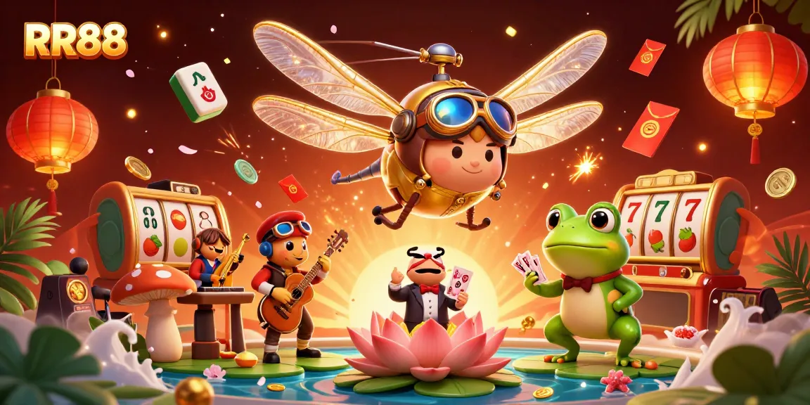 Experience thrilling gameplay at RR88 casino, where a vibrant dragonfly pilot and frog croupier bring fun to life.