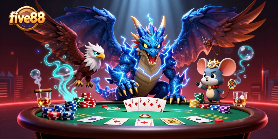 Experience exciting five88 casino moments with vibrant characters, poker elements, and dynamic action.