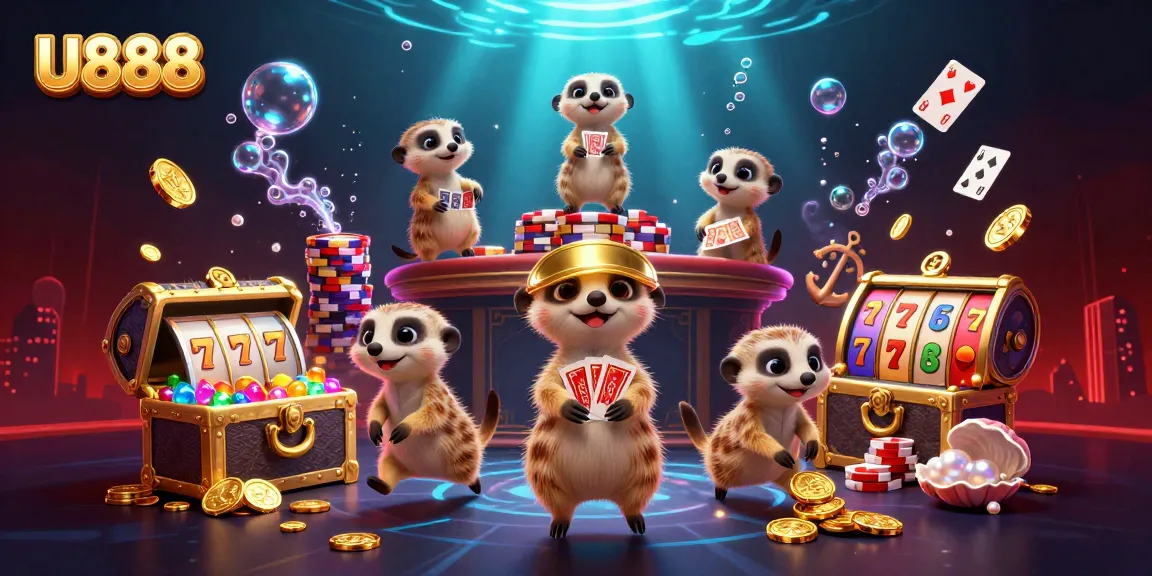 Engage in thrilling gameplay at U888 with meerkats managing vibrant casino operations and dynamic slot elements.