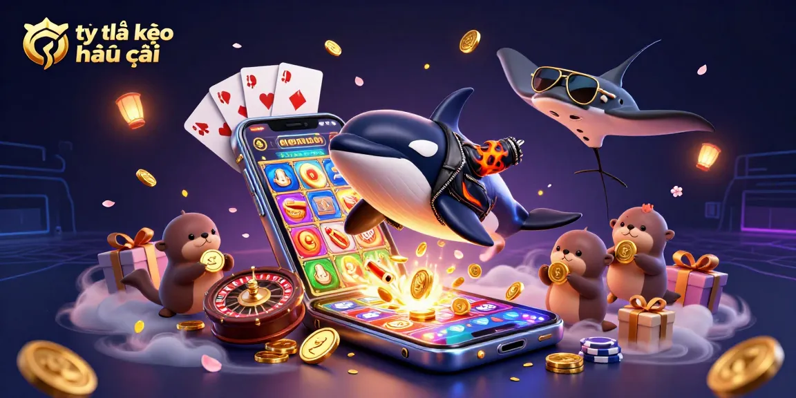 Bet on tỷ lệ kèo nhà cái with a vibrant 3D casino scene featuring an orca, stingray, and sea otters.
