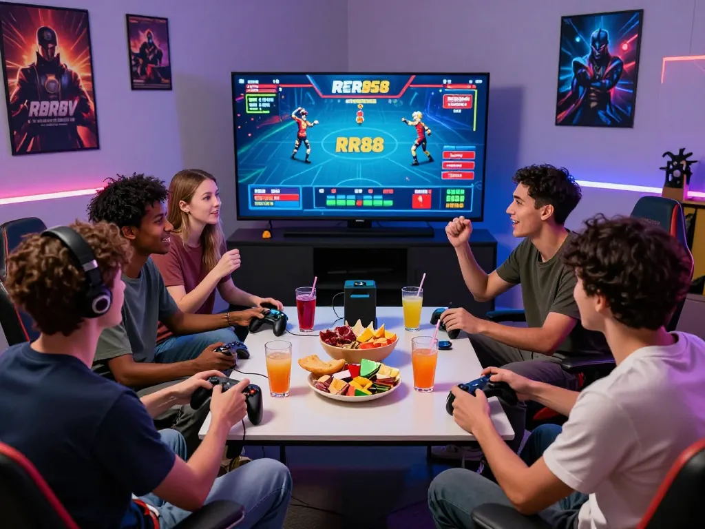 Friends enjoying a vibrant online betting game on RR88com, showcasing excitement and camaraderie in a stylish gaming room.