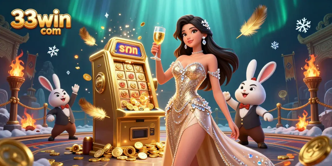 Experience thrilling wins at 33win com with a stunning woman celebrating beside a golden jackpot.