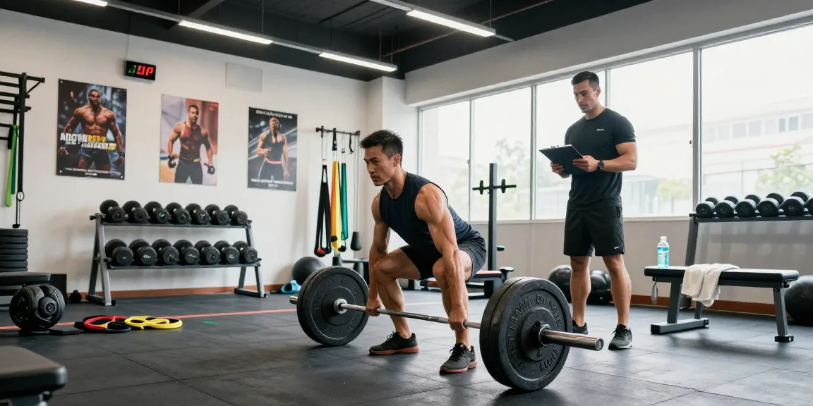 Kraftsportler hebt Gewichte bei Steroidshop in einer lebhaften Fitnessumgebung.