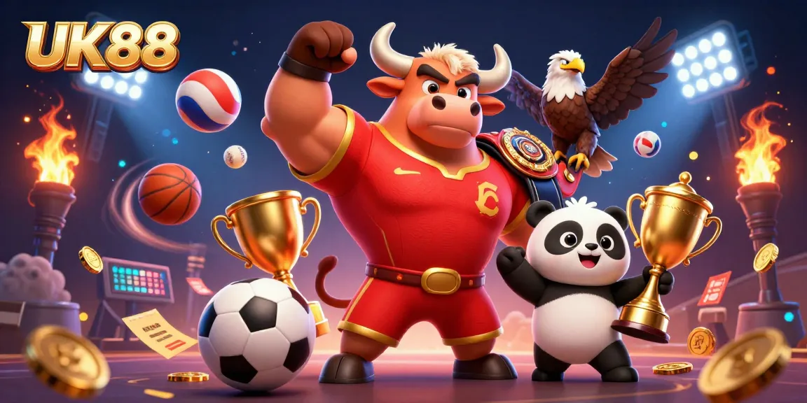 Join UK88's victory with a cartoon bull mascot, eagle, and panda in an energetic casino scene.