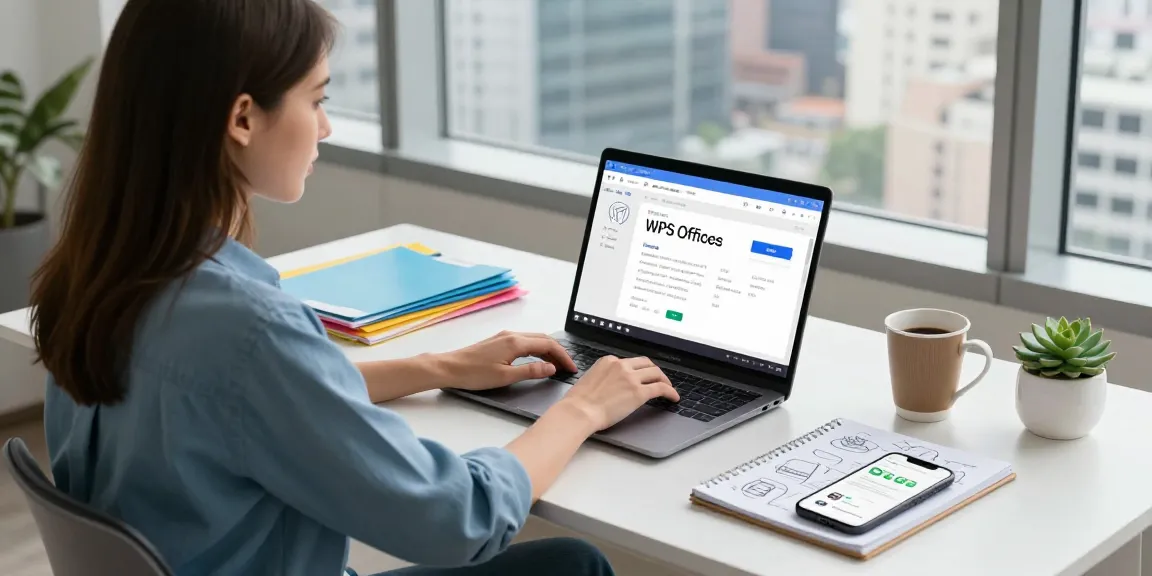 Download WPS Office in a modern workspace, featuring a woman engaged with her laptop among office supplies and a city view.