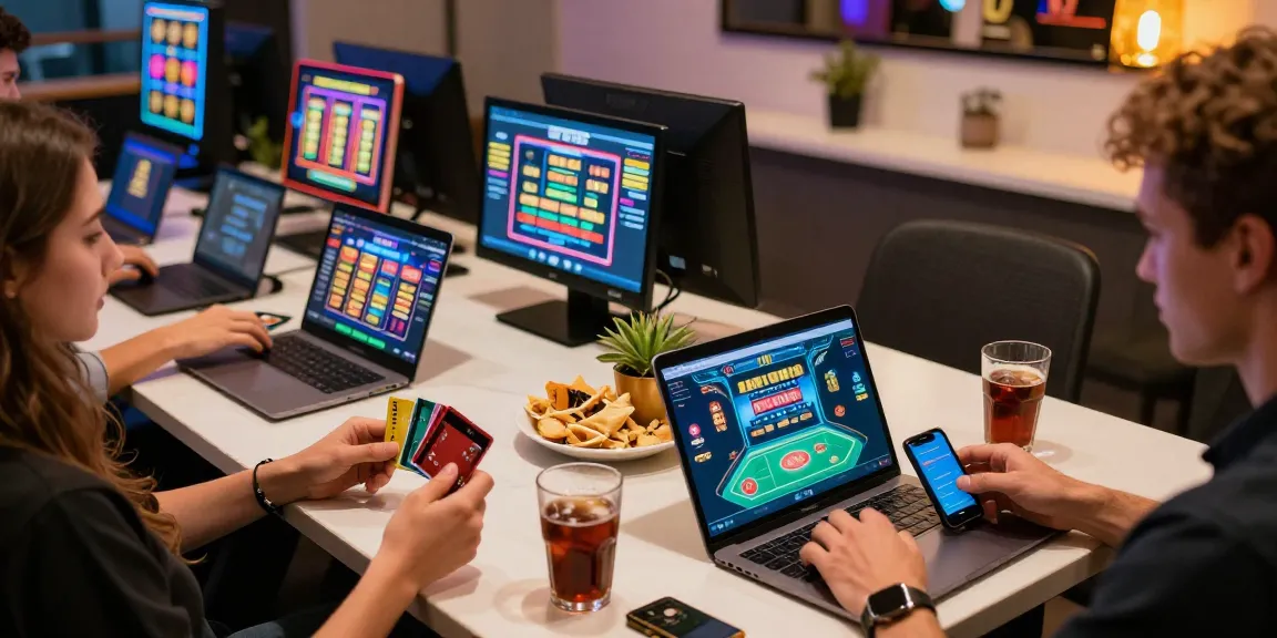 Engaged players at credit card casinos uk enjoying online gaming with various devices in a vibrant atmosphere.