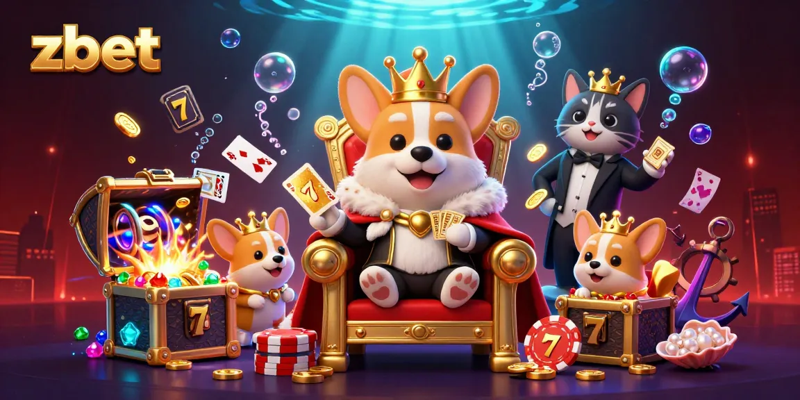 Bet big with zbet as a royal corgi crowns a vibrant casino scene of treasure and game elements.