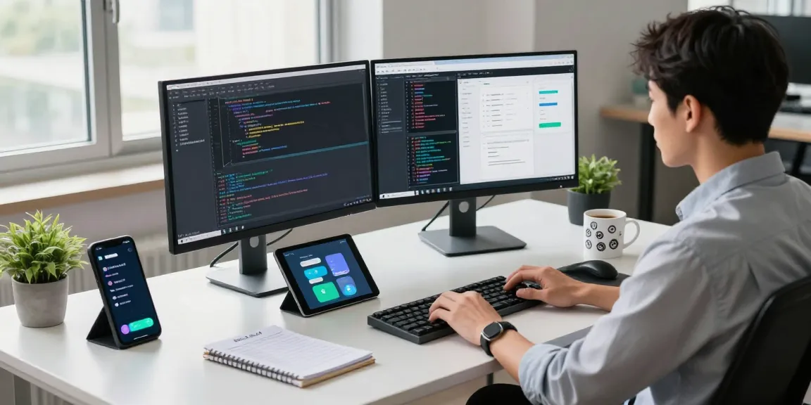 Developer using telegramin-cn.com in a modern office workspace with coding screens and tech gadgets.