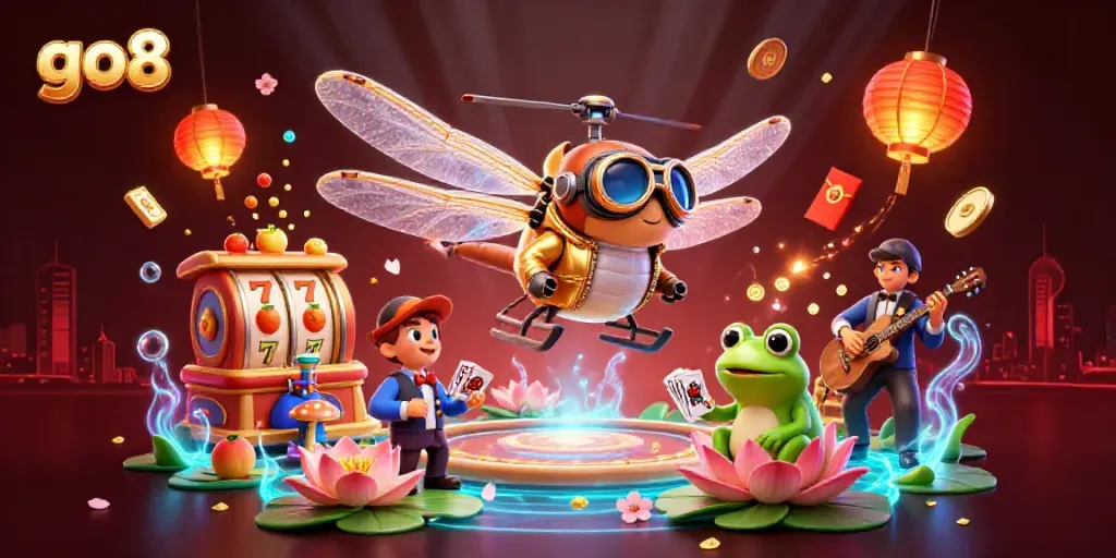 Engage in thrilling casino action with go8's animated dragonfly pilot and frog dealer in a vibrant lily pad setting.