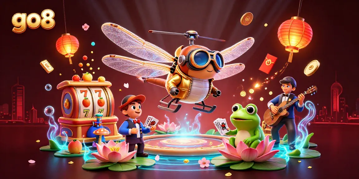 Engage in thrilling casino action with go8's animated dragonfly pilot and frog dealer in a vibrant lily pad setting.