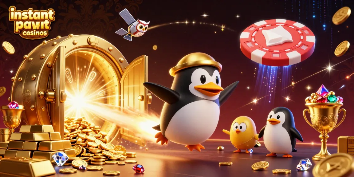 Experience instant payout casinos with a golden penguin racing to a poker chip casino amidst a treasure explosion.