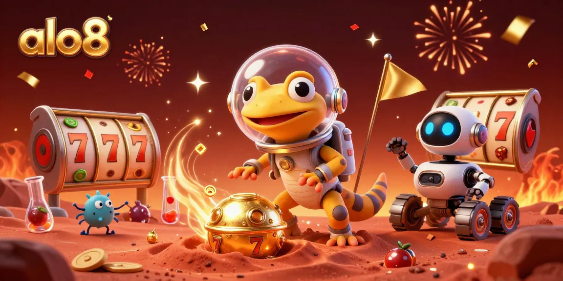 Engage in thrilling adventures with alo8's slot games amidst Martian celebrations in a vibrant cosmic setting.