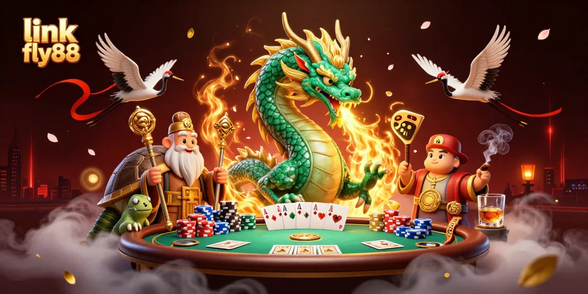 Experience the excitement of winning on link fly88 with a vibrant 3D casino scene featuring a majestic dragon and poker elements.