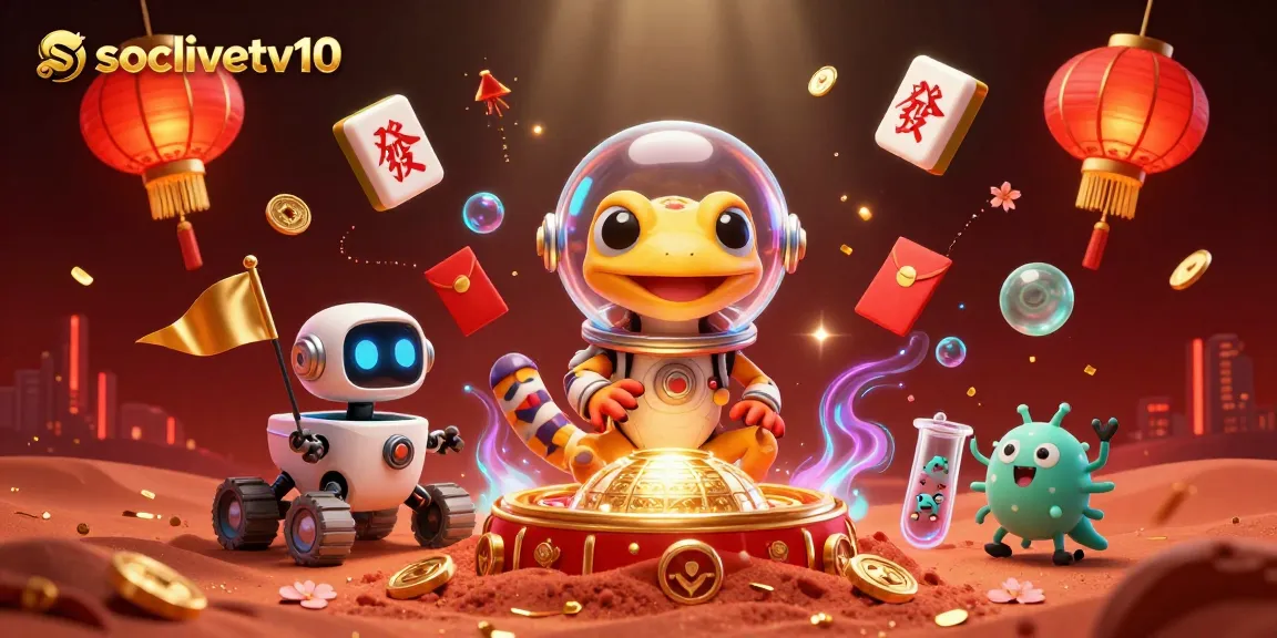 Socolivetv10 showcases a Martian gecko exploring a golden casino with festive elements representing high-stakes online gambling.