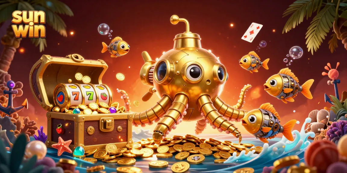 Experience the thrill of sun win with a vibrant 3D illustration of a kraken submarine amidst wealth and slot reels.