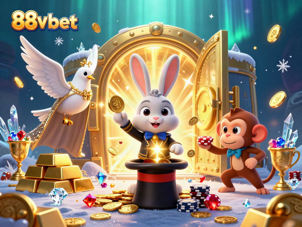 88v bet brings excitement with a magician rabbit, dove, and monkey in a vibrant casino scene.