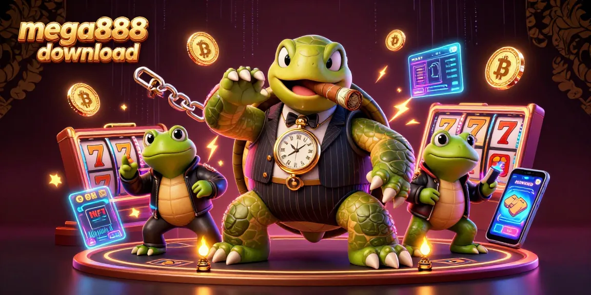 Experience mega888 download with a dynamic casino scene featuring a snapping turtle and bullfrog enforcers.