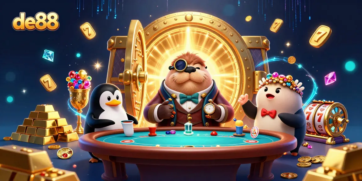 Enjoy poker at de88 with cartoon walrus and dealer in a vibrant underwater casino scene.