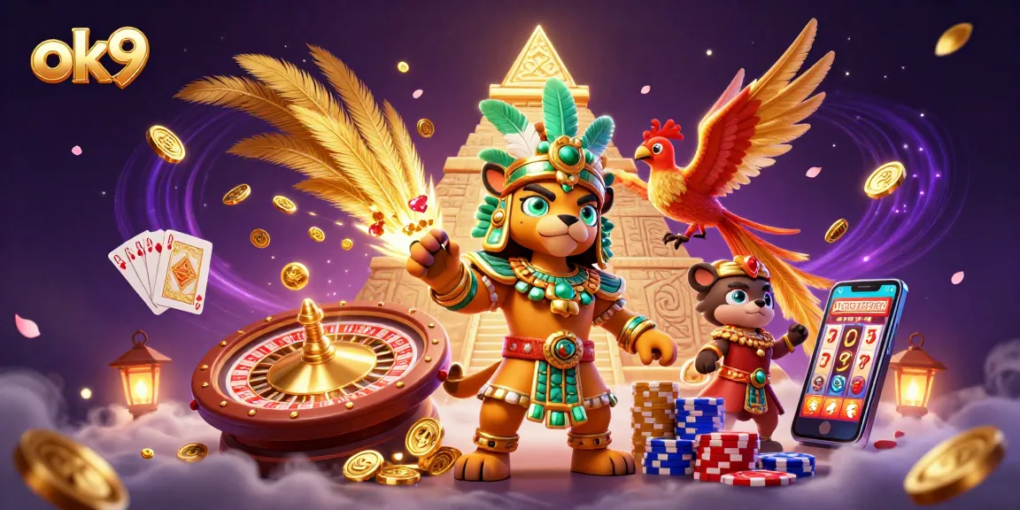 Win big at ok9 with vibrant casino action featuring a Mayan jaguar priest and gambling elements