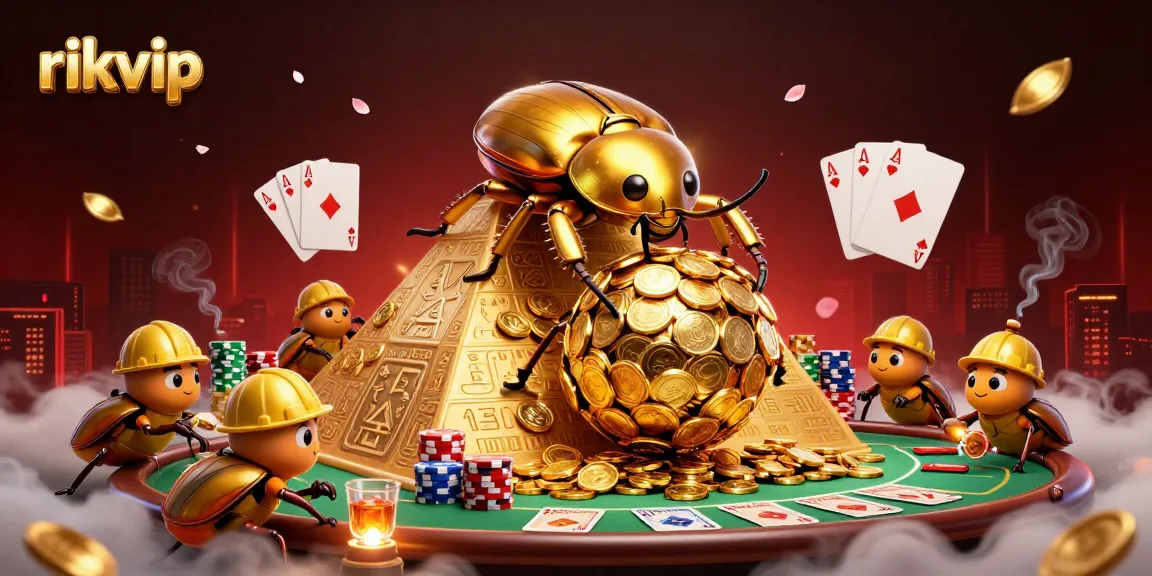 Play engaging slots at rikvip with thrilling golden beetles and poker elements in a vibrant casino.