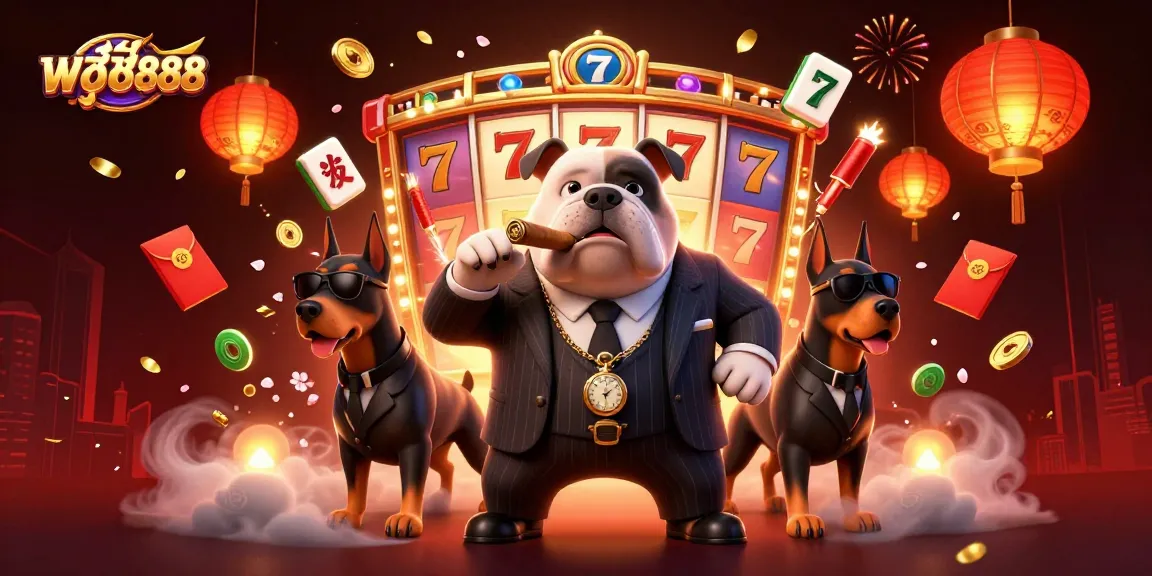 Pulsating energy of พุซซี่888 showcases a mafia bulldog boss and Doberman bodyguards amidst exciting slot reels.