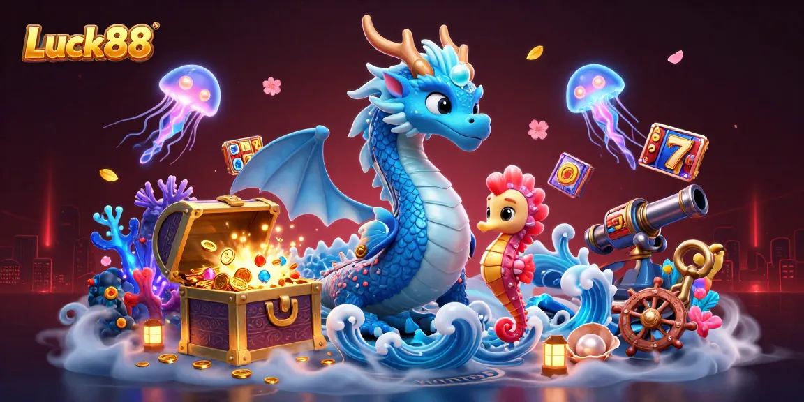 Spin the Luck88 slots with a fantasy scene of a water dragon and colorful jellyfish amidst treasures.