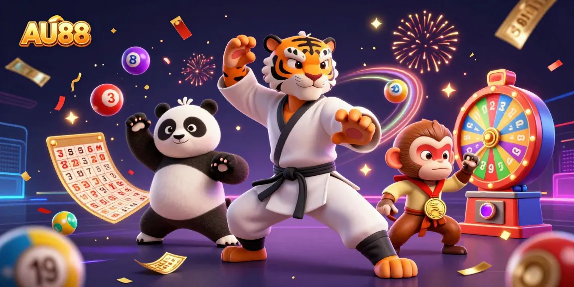 Engage with AU88 as a kung fu tiger master and playful characters celebrate winning moments in this vibrant gambling scene.