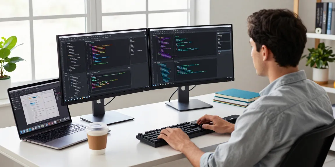 快连 software developer at modern workspace coding and designing applications with dual monitors and natural light.