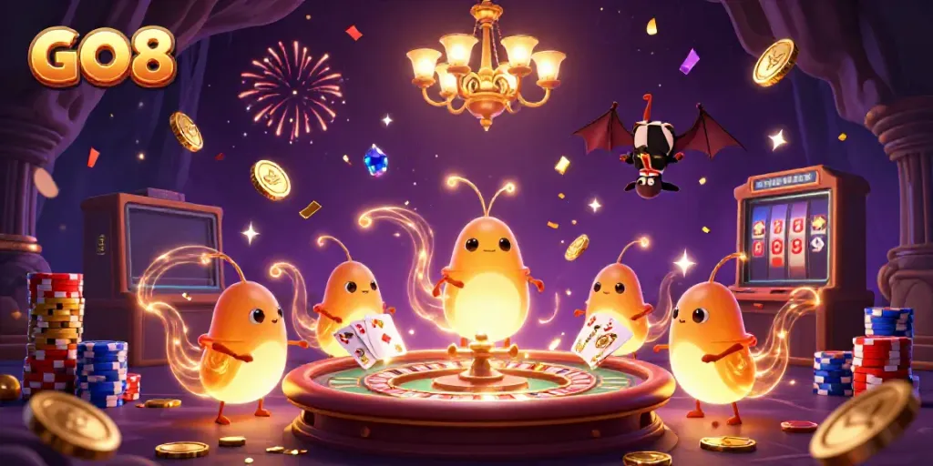 Experience exciting gameplay and vibrant energy with GO8 in this 3D casino illustration.