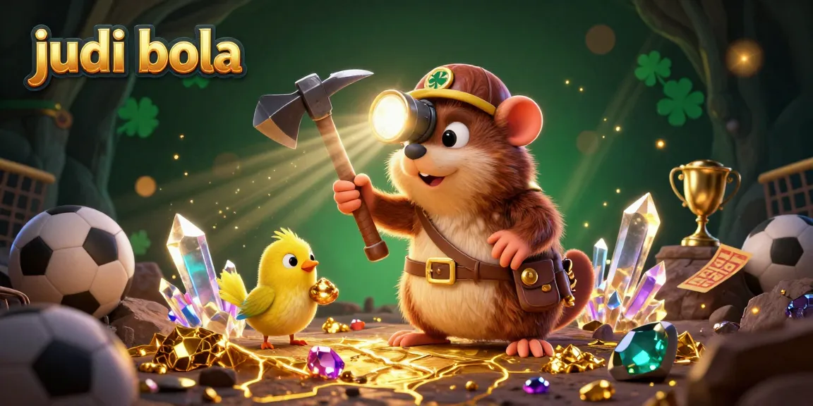 Bet on judi bola with a dynamic 3D illustration of a treasure hunter mole, sports elements, and vibrant visuals.