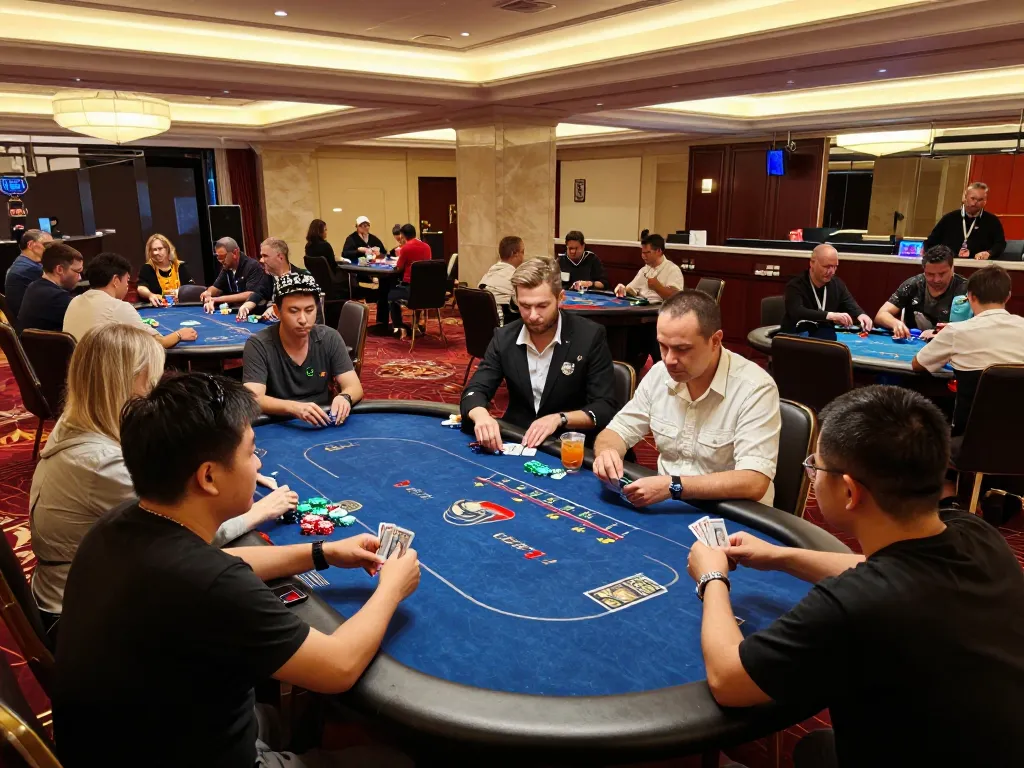 Players enjoying a strategic poker game at xx88 casino, vibrant atmosphere and dynamic action.