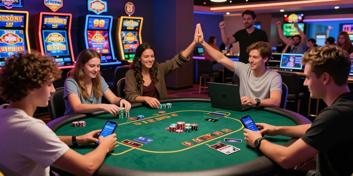 A lively scene depicting players enjoying various games at credit card casinos UK at https://dentalgroups.co.uk, showcasing excitement, technology, and community.