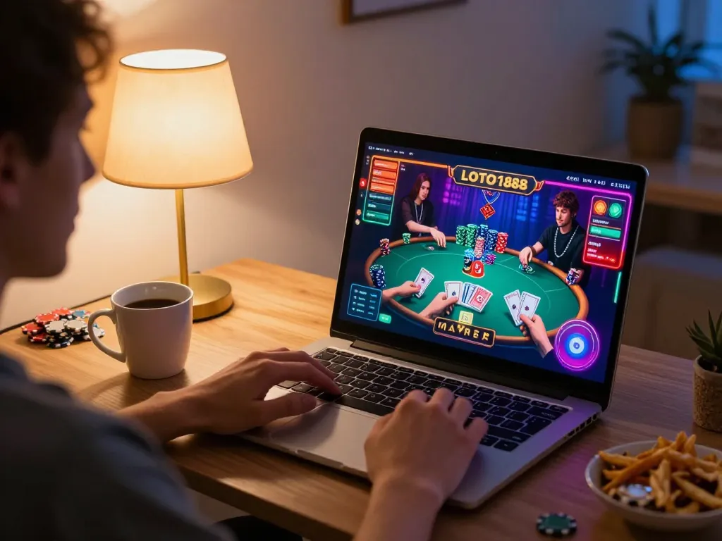 Engaging gameplay with LOTO188 displayed on a laptop, cozy gaming atmosphere with snacks and drinks.