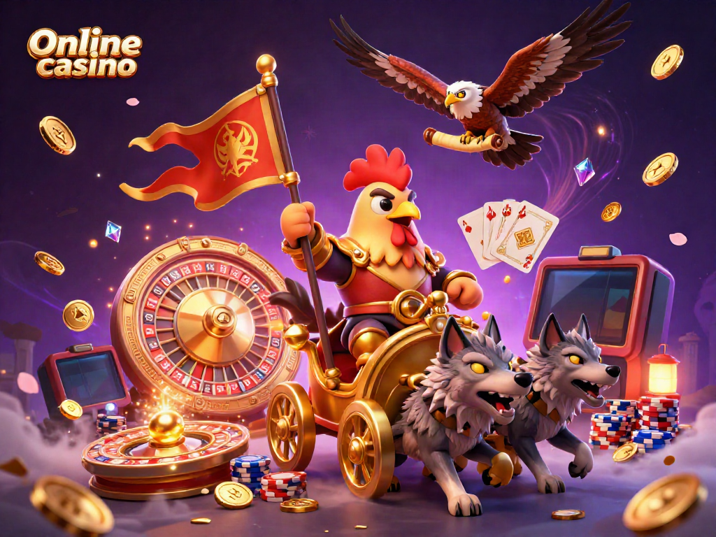 Experience the excitement of an online casino with a 3D cartoon rooster warlord and dazzling game elements.