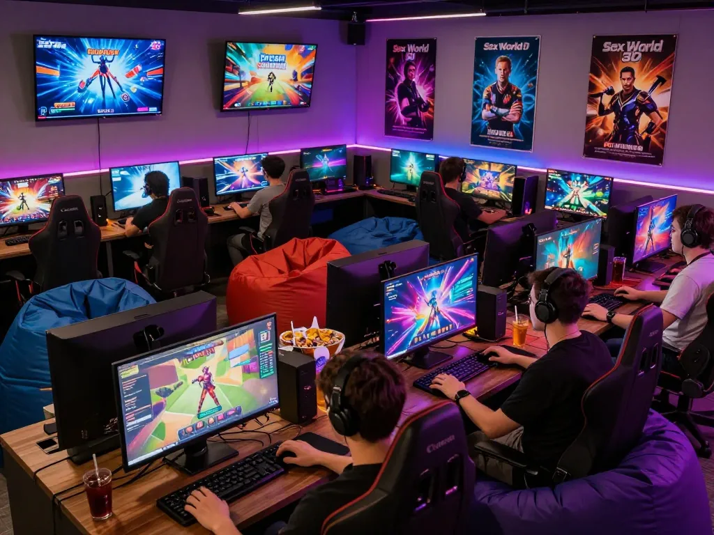 Engaging scene of diverse players enjoying HTML porn games in a lively gaming lounge atmosphere.