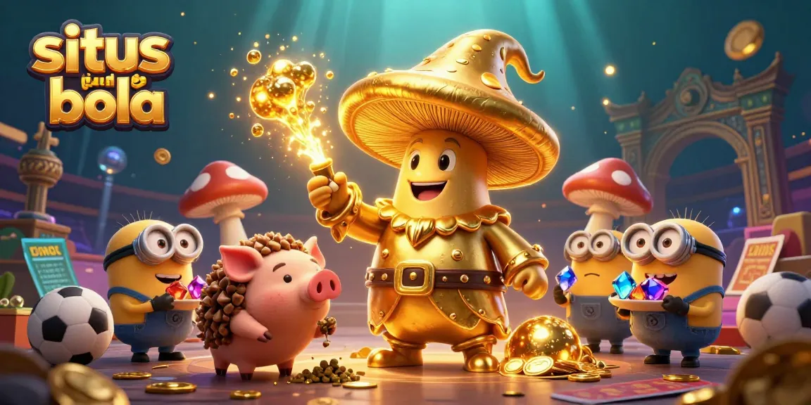 Experience the excitement of situs judi bola with a golden mushroom wizard and vibrant sports elements.