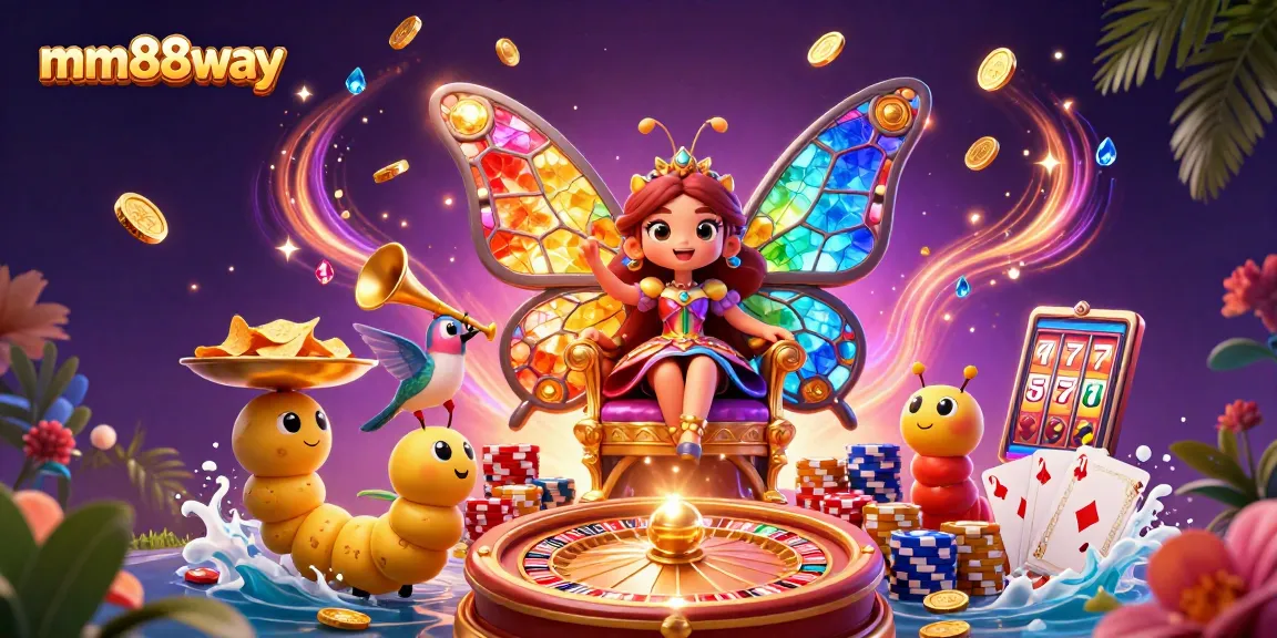 Spin and win with mm88way’s magical casino theme featuring vibrant 3D characters and gold coins.