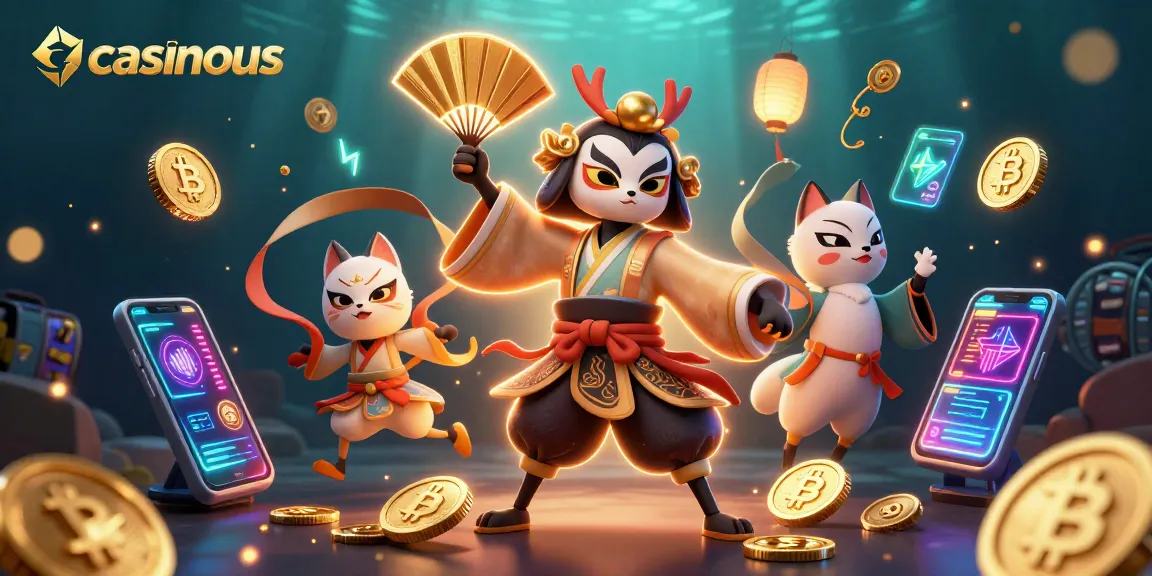 Casinous showcases a dynamic 3D scene capturing a kabuki warrior and kitsune mask with crypto coins and slot elements.