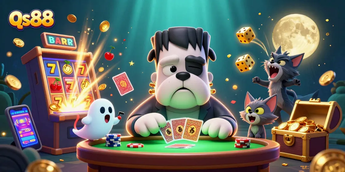 Experience thrilling qs88 casino adventures with a lively 3D illustration of unique characters in action.